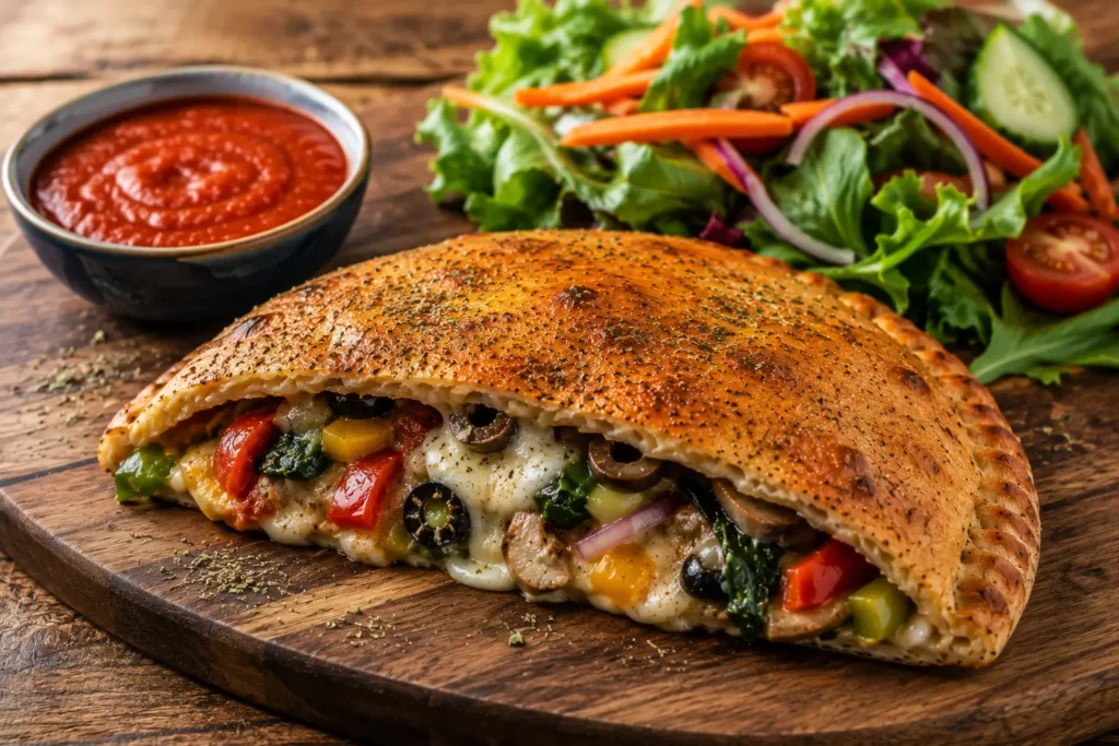 Freshly baked Mellow Mushroom-style calzone served with a fresh garden salad and marinara dipping sauce