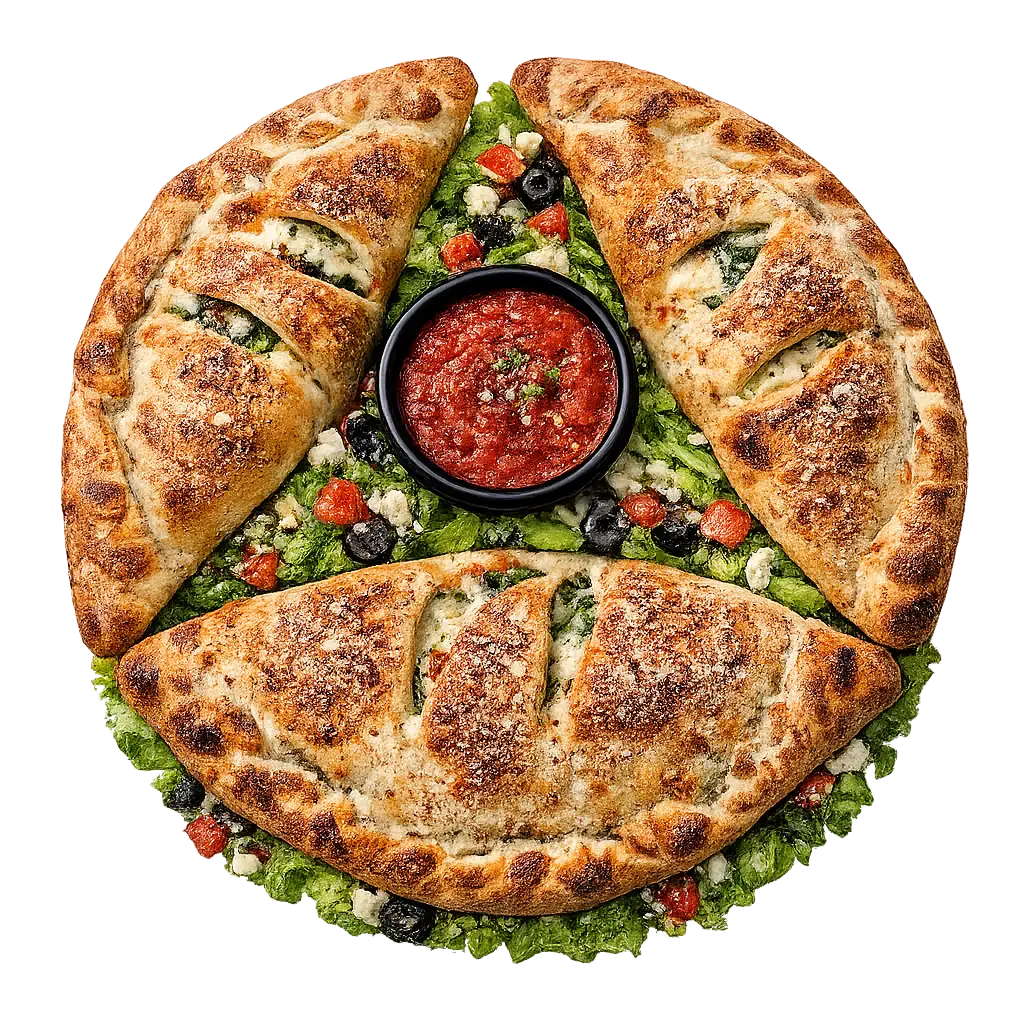 Mellow Mushroom Calzones Menu featuring freshly baked stuffed calzones with melted cheese and savory fillings