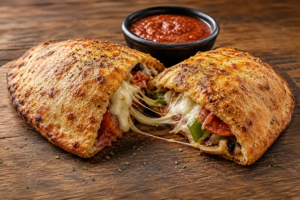 Freshly baked golden calzone with stretchy melted mozzarella cheese pull served with marinara dipping sauce.