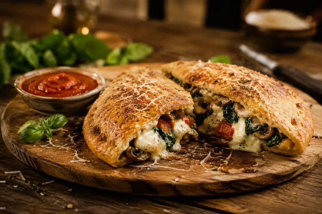 Golden calzone with tomato sauce served on a rustic wooden table
