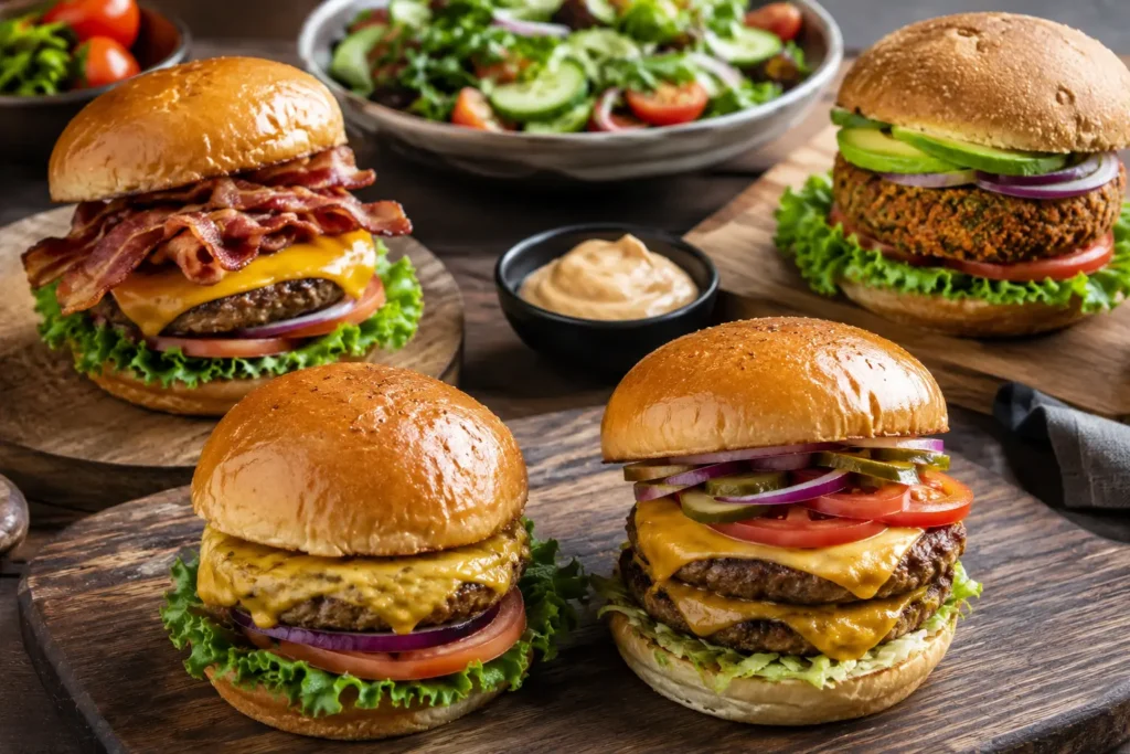 Mellow Mushroom-style burger nutrition comparison showing different burger meals with ingredients.