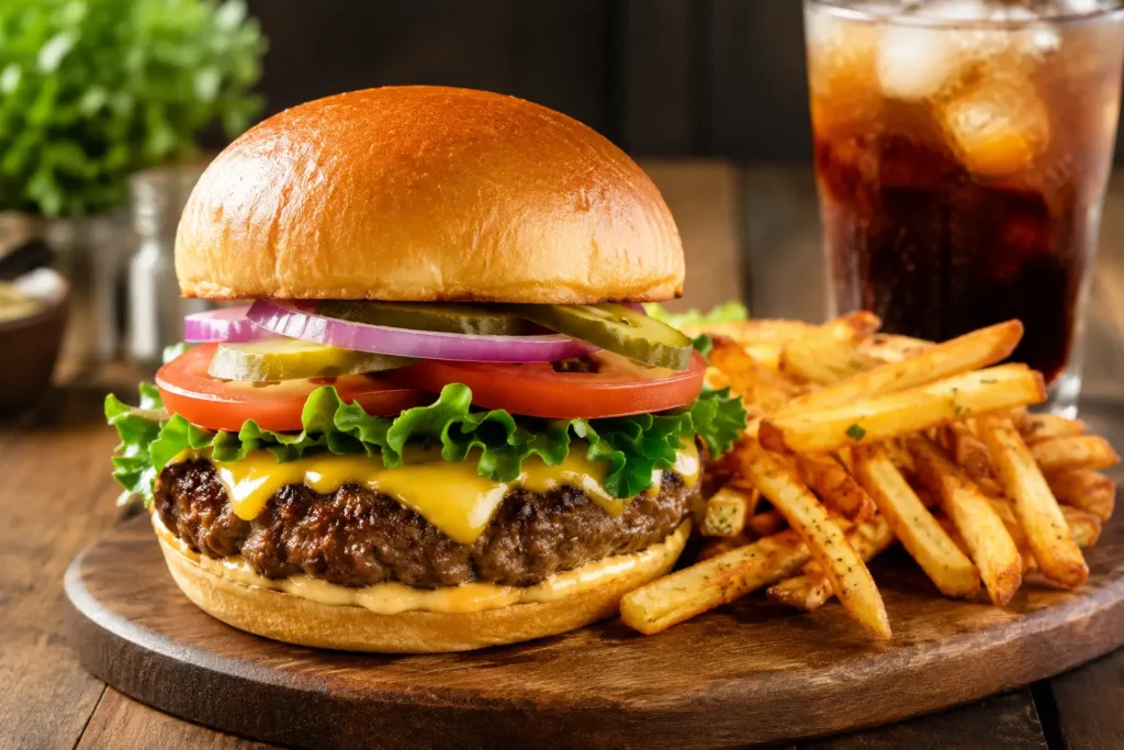 Mellow Mushroom burger menu featuring handcrafted cheeseburger with fries and drink.
