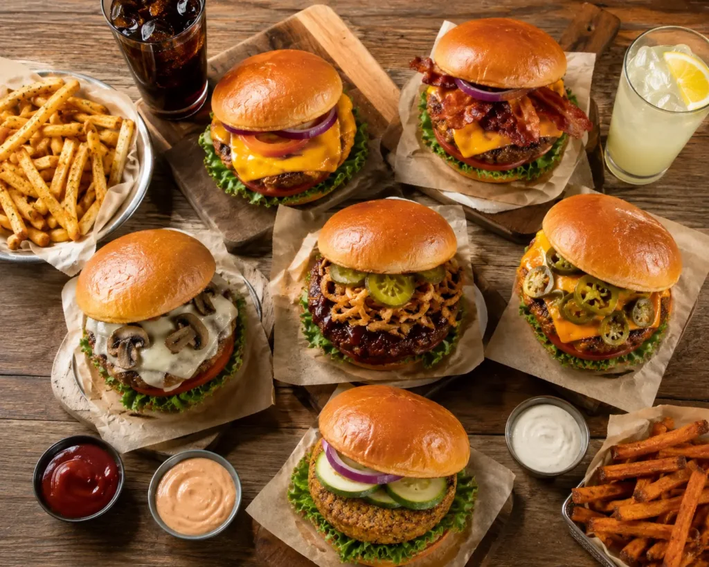 Assorted handcrafted Mellow Mushroom-style burgers displayed with different toppings and sides.