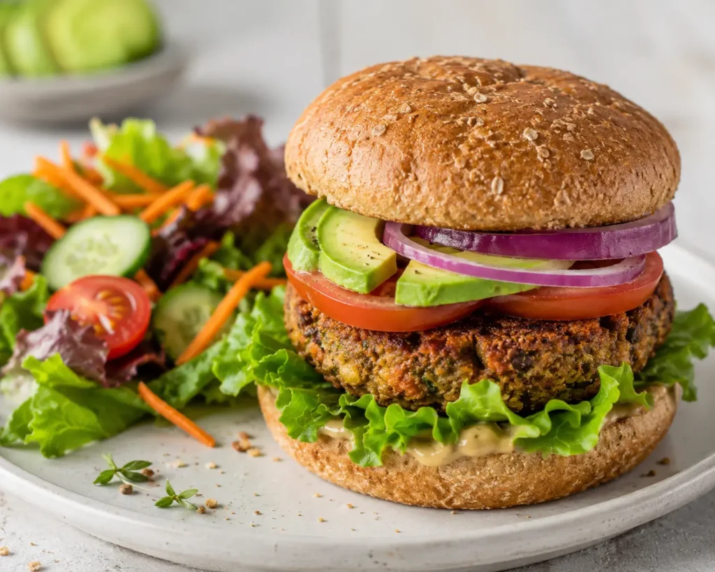 Plant-based Mellow Mushroom-style veggie burger with a vegetable patty, avocado, lettuce, tomato, onions, whole grain bun, and a fresh side salad on a white plate.