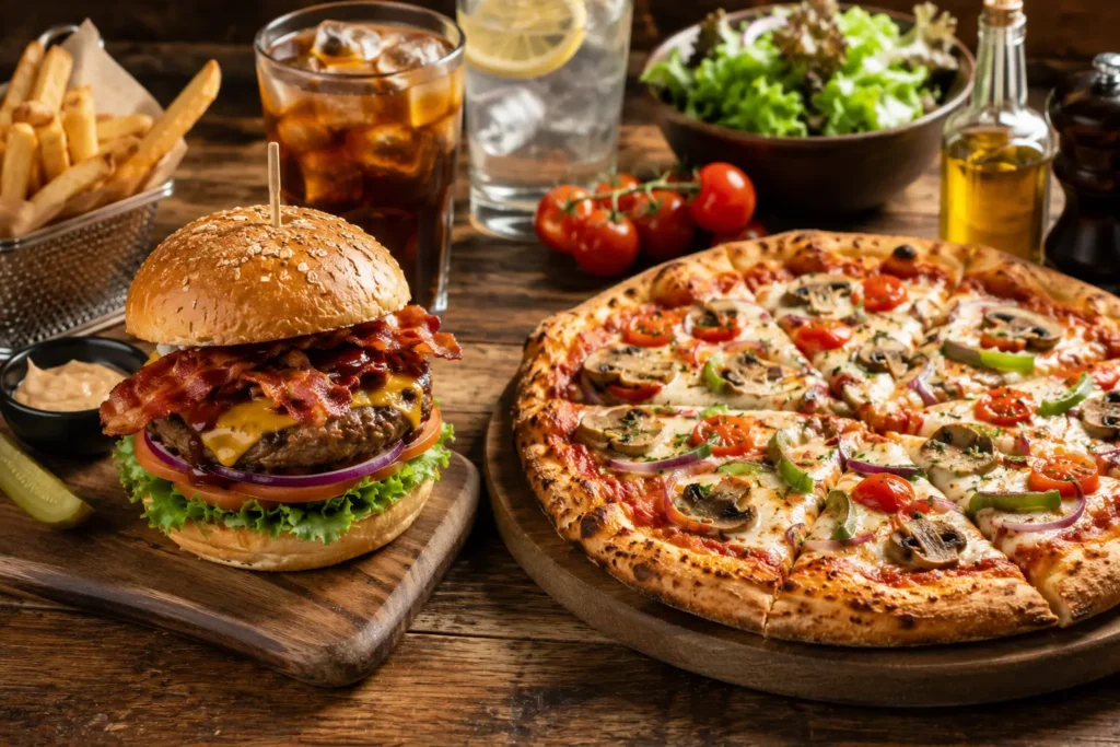 Gourmet burger and stone-baked pizza comparison meal.