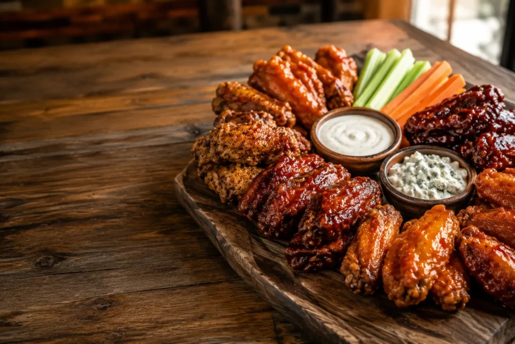 Mellow Mushroom Wings Menu featuring crispy double-baked chicken wings with Hot Buffalo, Honey Sriracha, Sweet Thai Chili, BBQ, and Cloud 9 seasoning served with celery, carrot sticks, ranch, and bleu cheese dip.