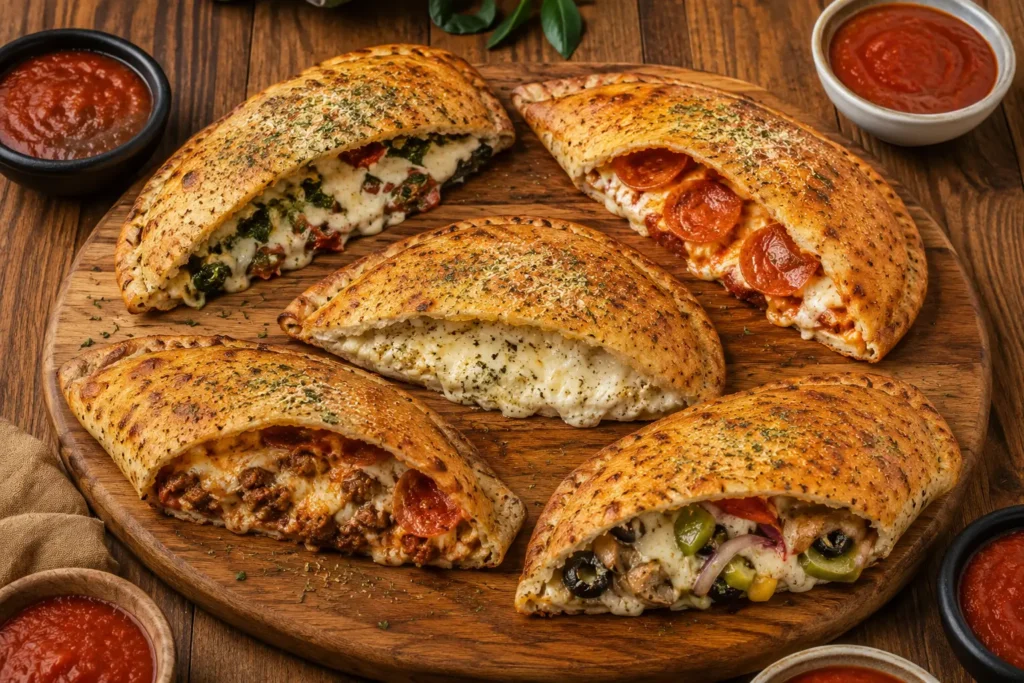 Freshly baked rustic calzones served with marinara dipping sauce and fresh herbs on a wooden table