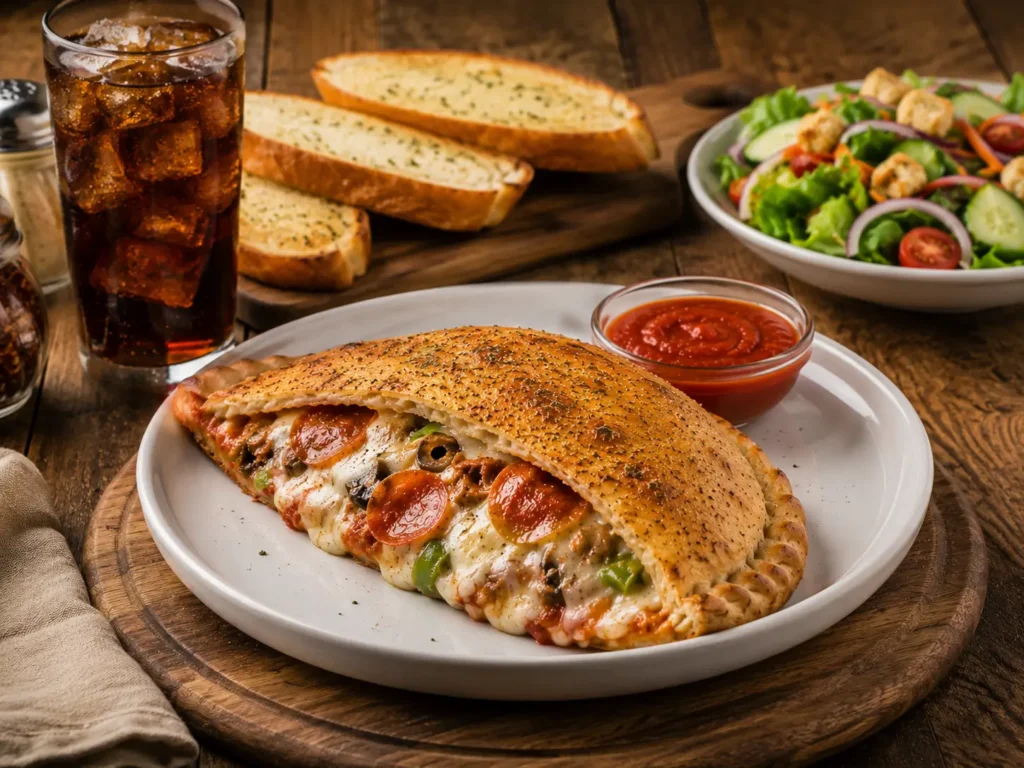 Freshly baked Mellow Mushroom-style calzone served with marinara sauce, garlic bread, fresh garden salad, and a soft drink