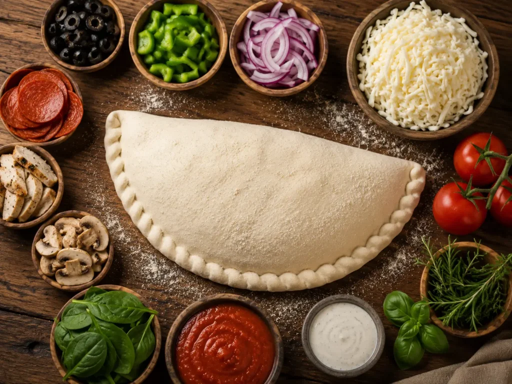 Rustic preparation of a handcrafted calzone with fresh cheese, vegetables, meats, herbs, and dipping sauces on a wooden table.