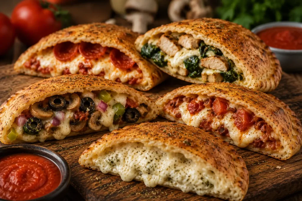 Stuffed calzones with melted cheese, fresh toppings, and marinara dipping sauce on a wooden table.
