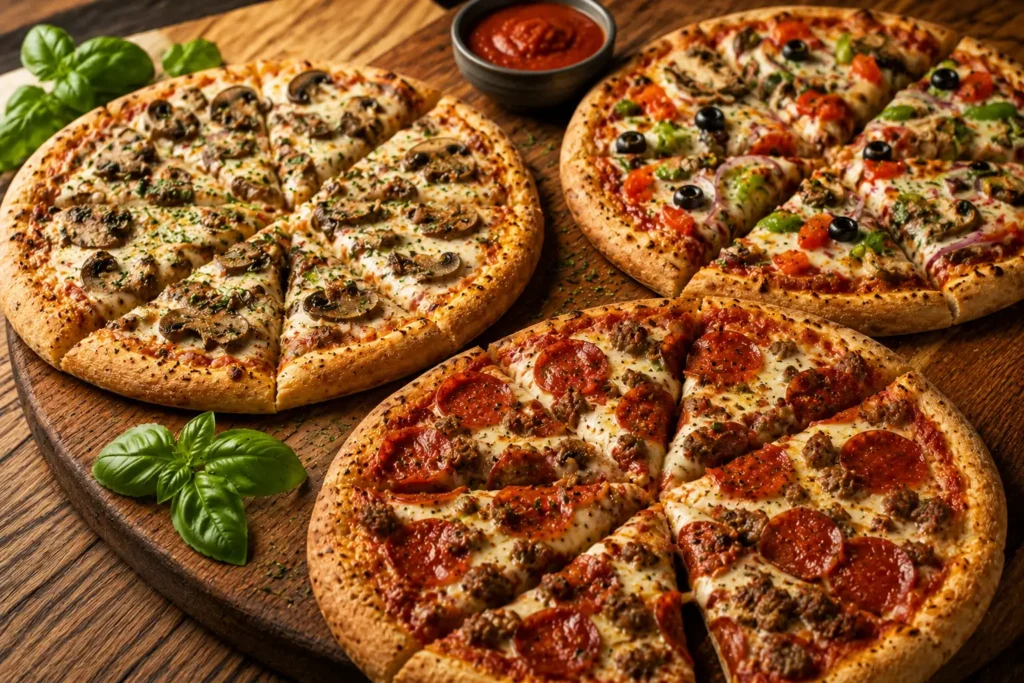 Best-selling Mellow Mushroom stone-baked pizzas with different toppings.