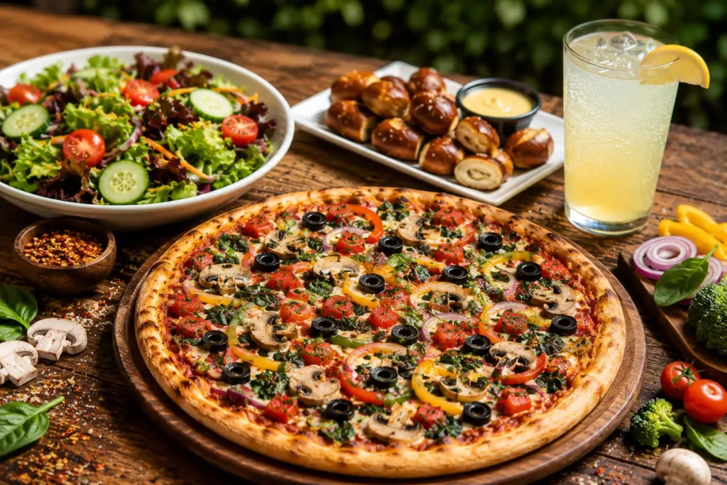 Complete vegan meal featuring pizza, salad, pretzel bites, and a refreshing drink.
