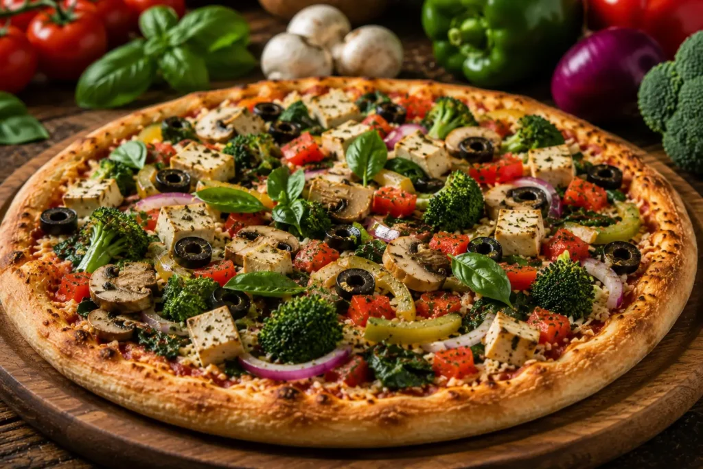 Customized vegan pizza topped with dairy-free cheese, tofu, and fresh vegetables.