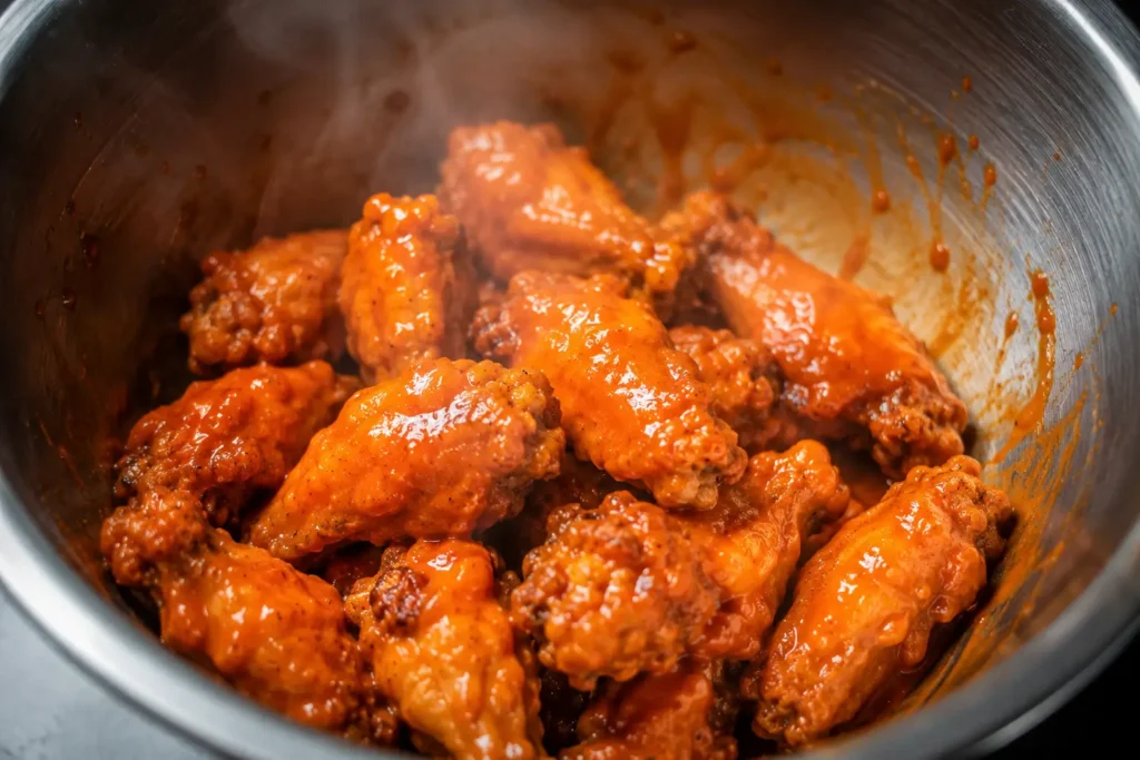 Freshly prepared double-baked chicken wings coated in Buffalo sauce.