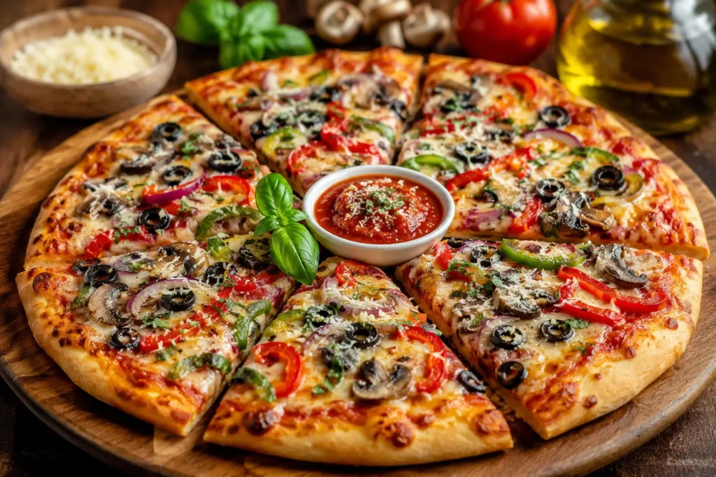 Freshly baked Mellow Mushroom stone-baked pizza served with marinara sauce.