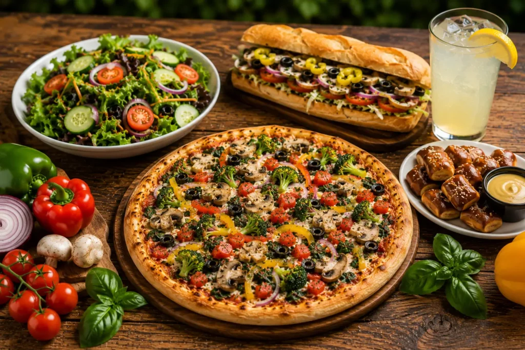 Complete Mellow Mushroom-style vegan meal with dairy-free pizza, salad, vegan hoagie, and pretzel bites.