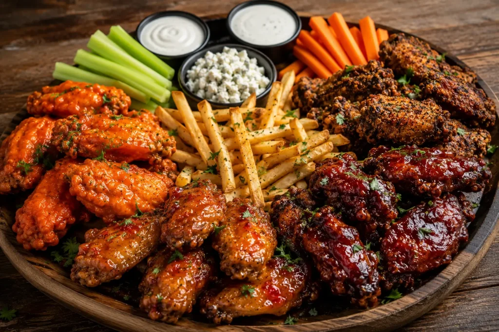 Freshly prepared Mellow Mushroom-style chicken wings served with ranch, bleu cheese, celery, and carrots.