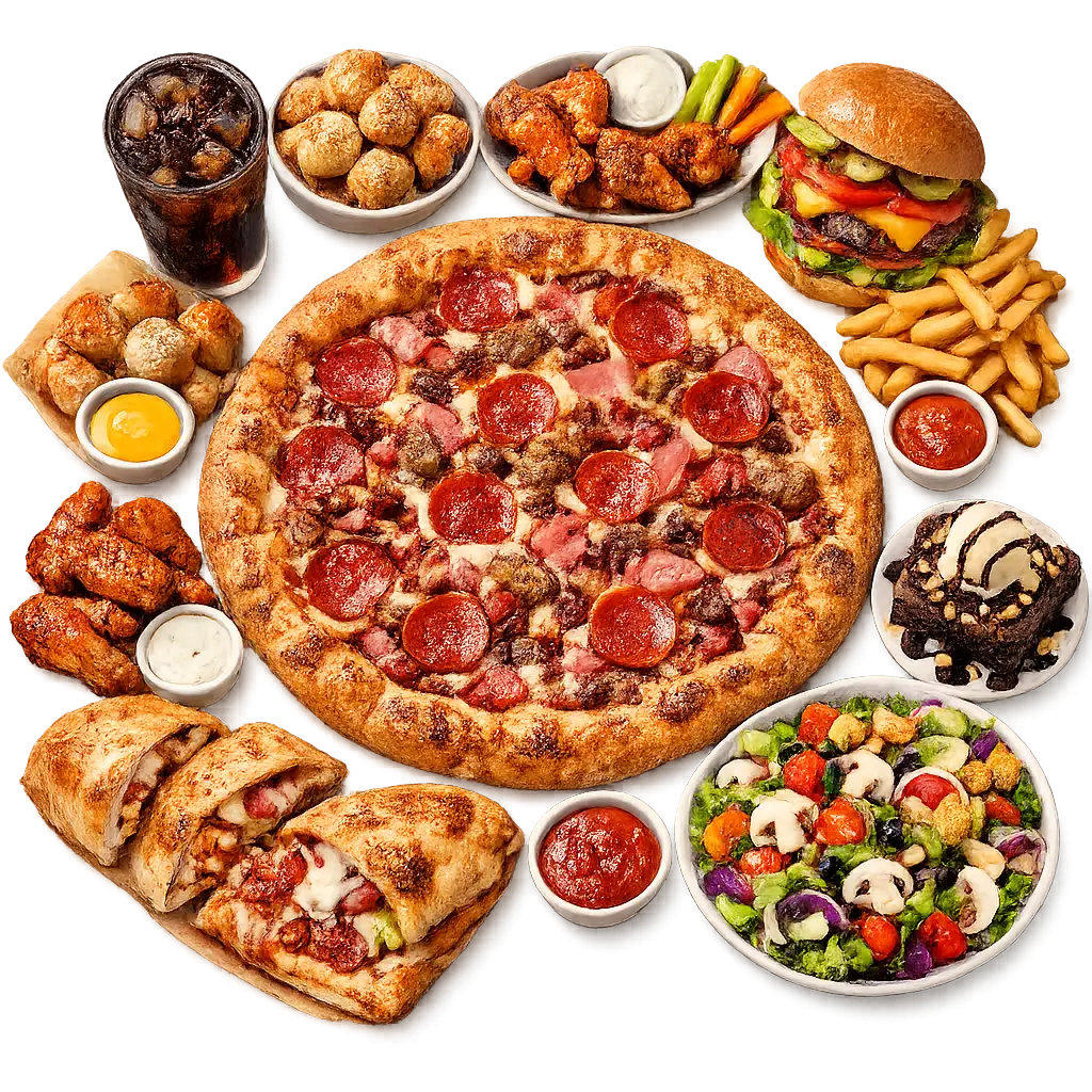 "Top-down view of Mellow Mushroom's best-selling menu featuring handcrafted stone-baked pizza, appetizers, calzone, wings, hoagie, burger, fresh salad, dessert, and soft drink on a transparent background."
