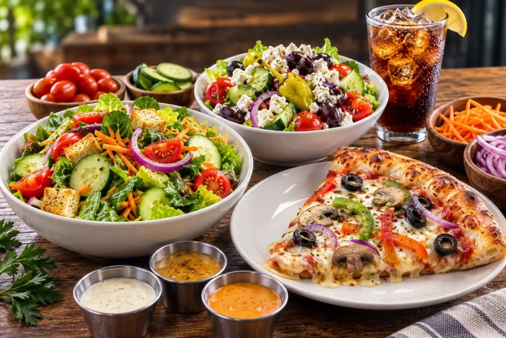 Fresh Mellow Mushroom style salads served with vegetables, dressing, and pizza.