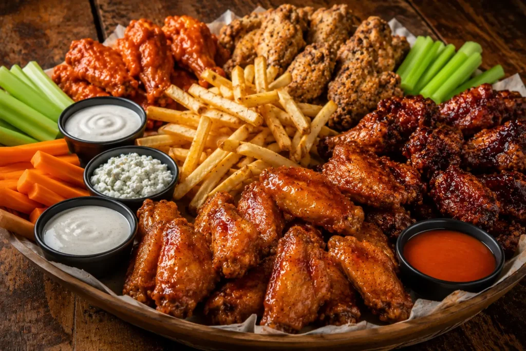Large assorted platter of Mellow Mushroom-style chicken wings with dipping sauces and fries.