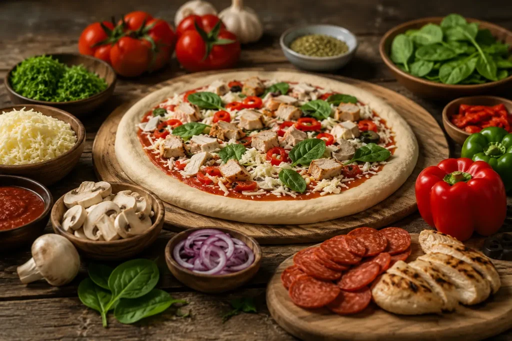 Fresh ingredients used in Mellow Mushroom stone-baked pizzas including cheese, vegetables, and meats.