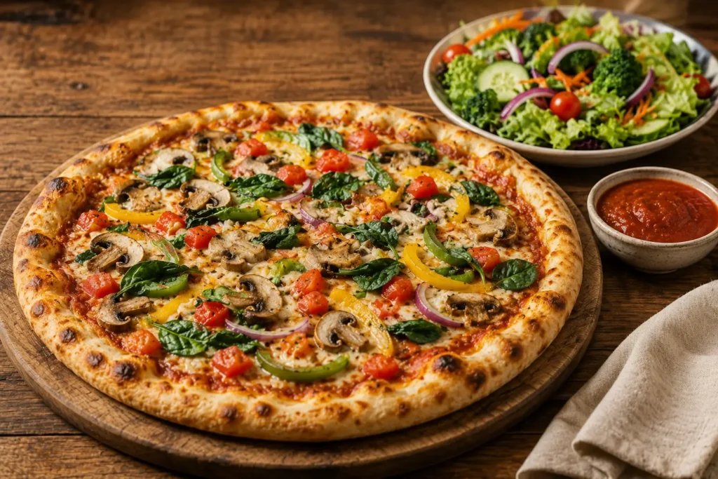 Vegetable stone-baked pizza served with fresh salad and dipping sauce.