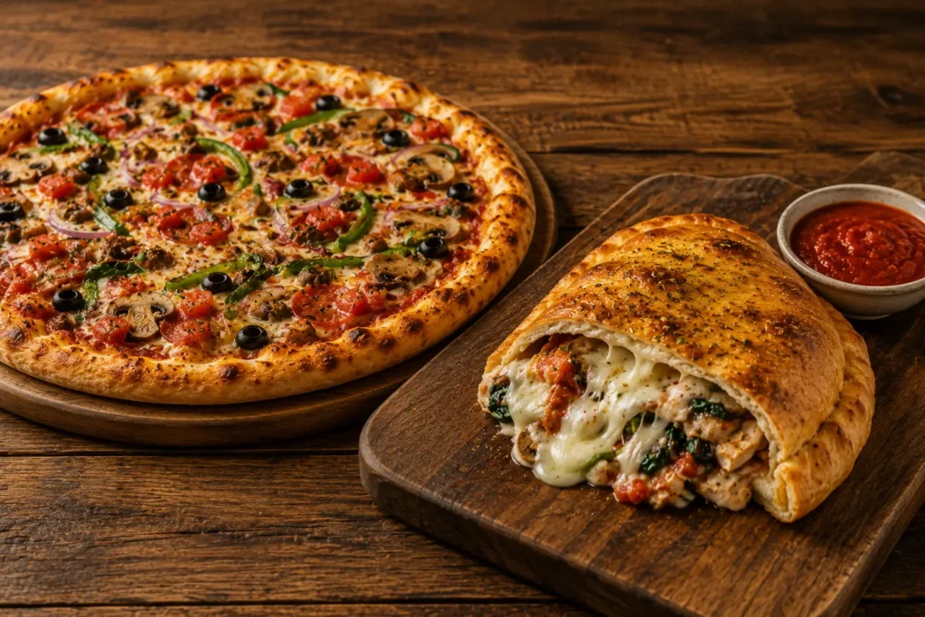 Comparison between Mellow Mushroom stone-baked pizza and calzone with marinara sauce.