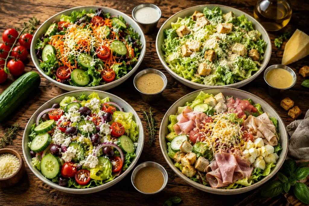 Four fresh Mellow Mushroom-style salads including House, Caesar, Greek, and Chef salads served with assorted dressings.