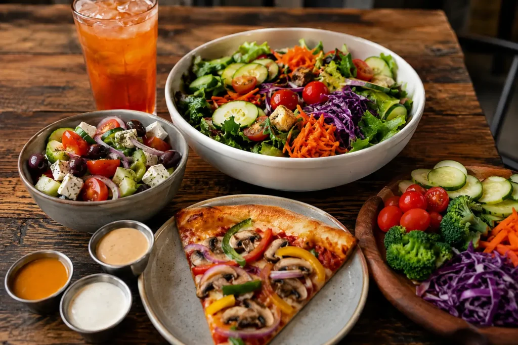 Mellow Mushroom Salads Menu featuring fresh garden salad and Greek salad with pizza, house-made dressings, and a refreshing drink