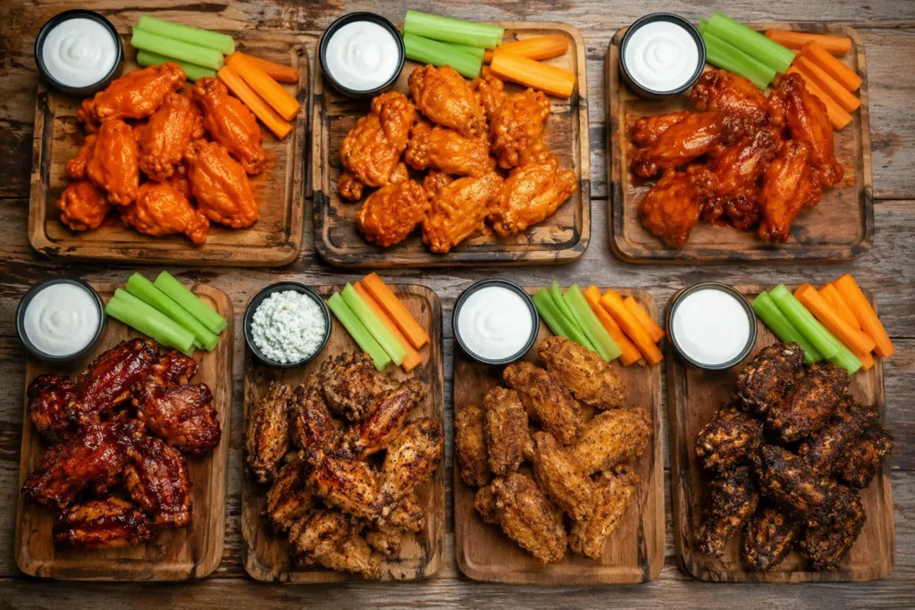 Seven varieties of Mellow Mushroom-style chicken wings featuring signature sauces and dry seasoning.