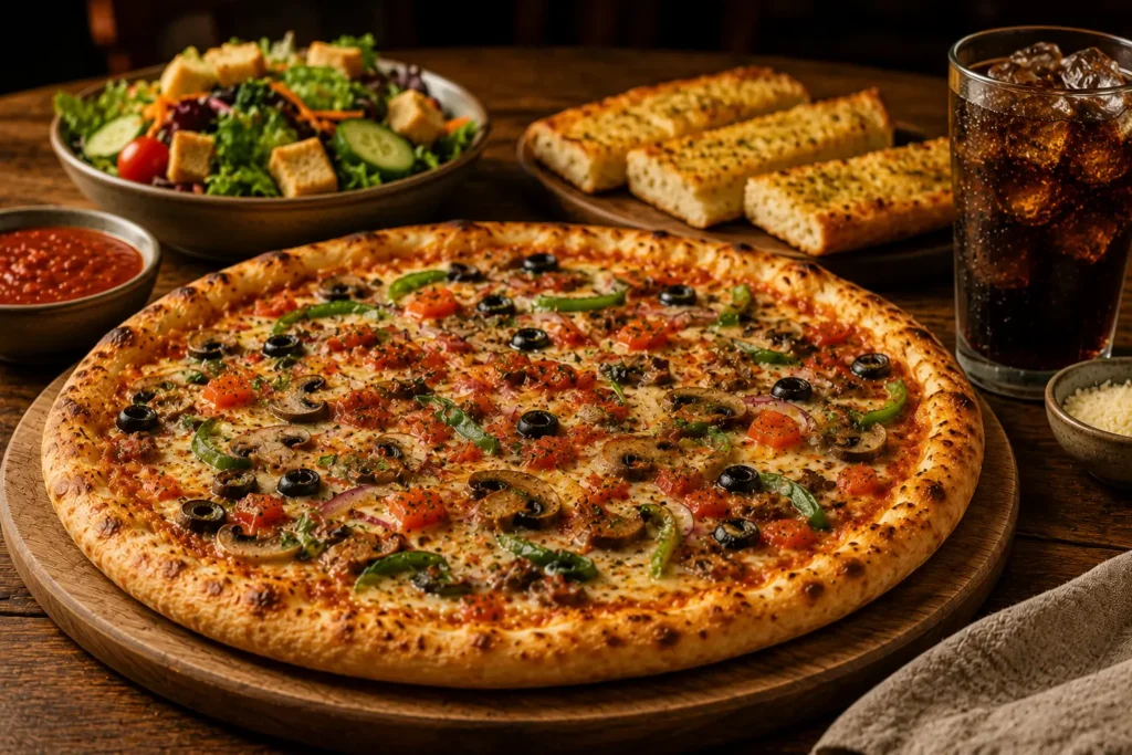 Freshly baked Mellow Mushroom stone-baked pizza meal with salad and sides.
