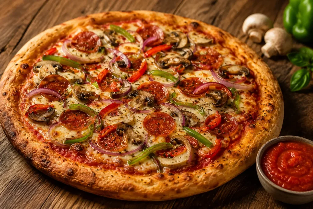 Freshly baked Mellow Mushroom stone-baked pizza with premium toppings.