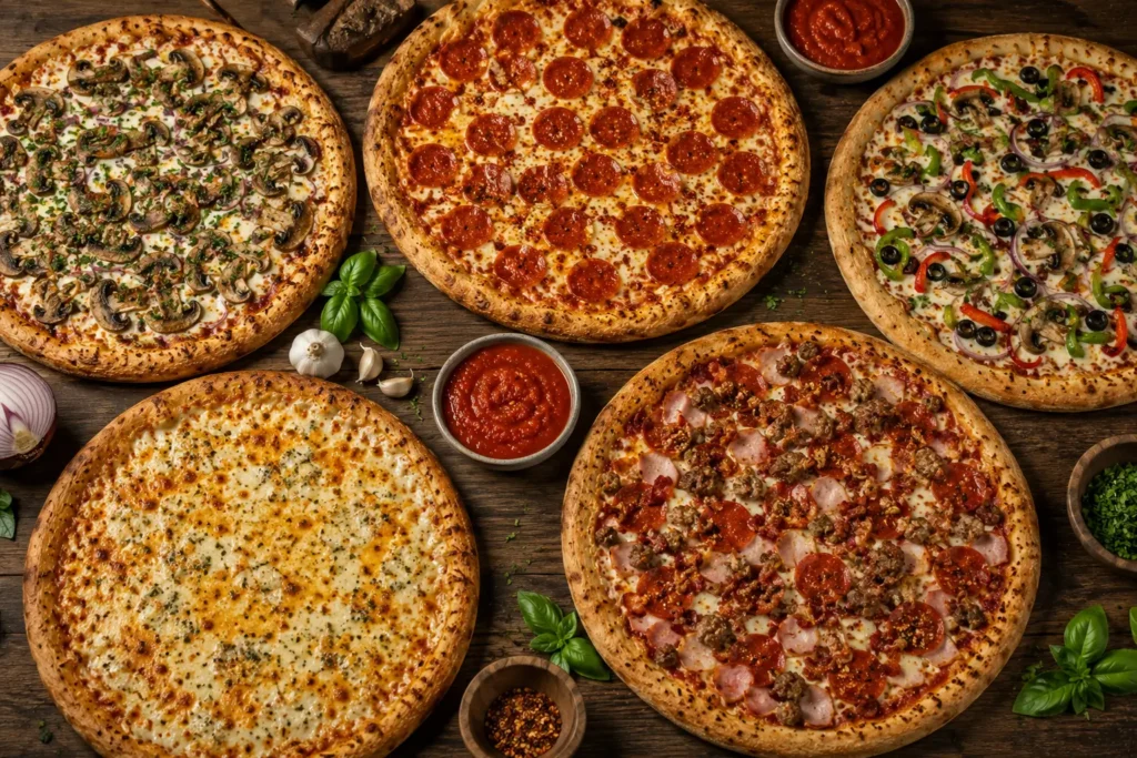 Different varieties of Mellow Mushroom stone-baked pizzas with fresh toppings.