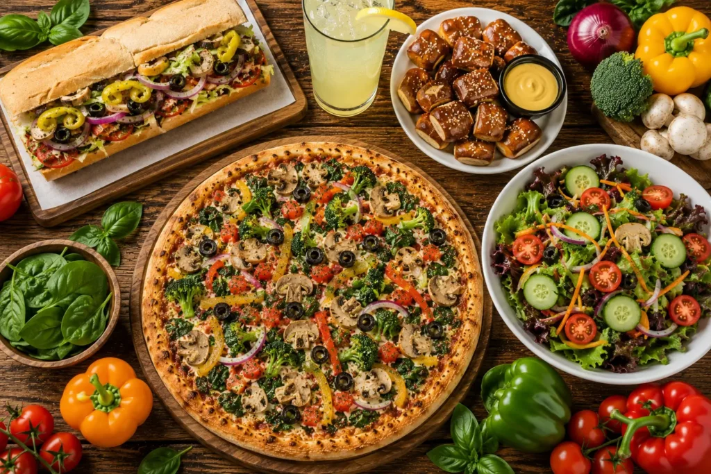 Complete Mellow Mushroom-style vegan meal with pizza, salad, hoagie, pretzel bites, and lemonade.