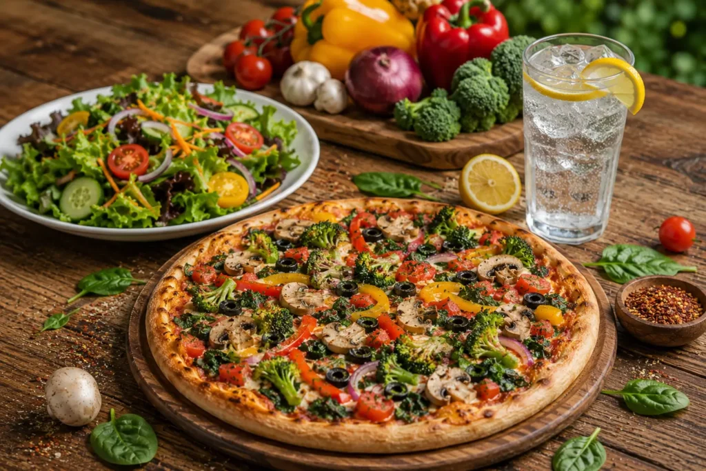 Healthy vegan meal with dairy-free vegetable pizza, fresh salad, and sparkling water.