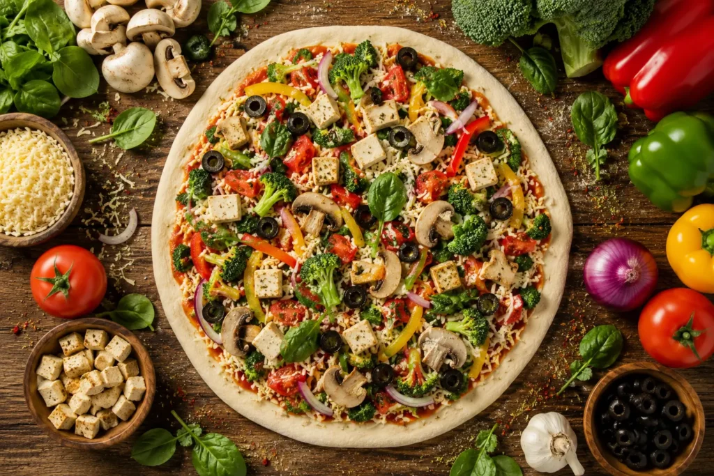 Fresh vegan pizza ingredients including dairy-free cheese, vegetables, and organic tofu.