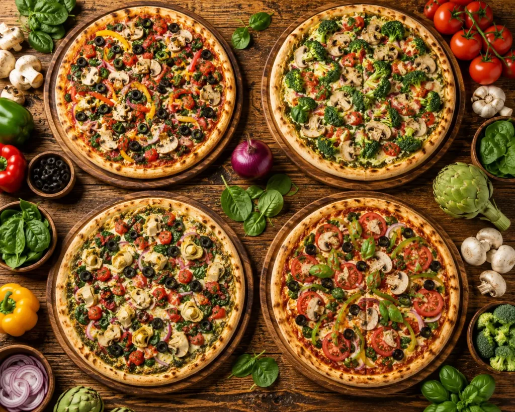 Four colorful vegan pizzas topped with dairy-free cheese and fresh vegetables.