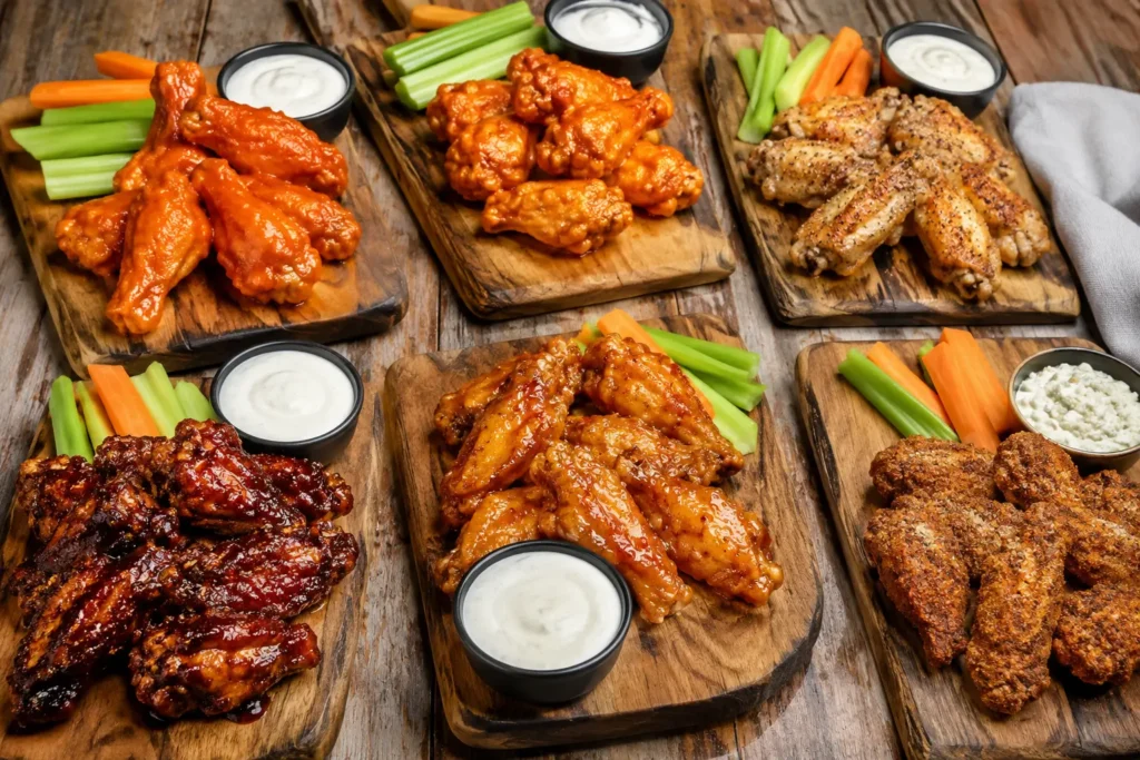 A variety of Mellow Mushroom-style chicken wings featuring six signature flavors.