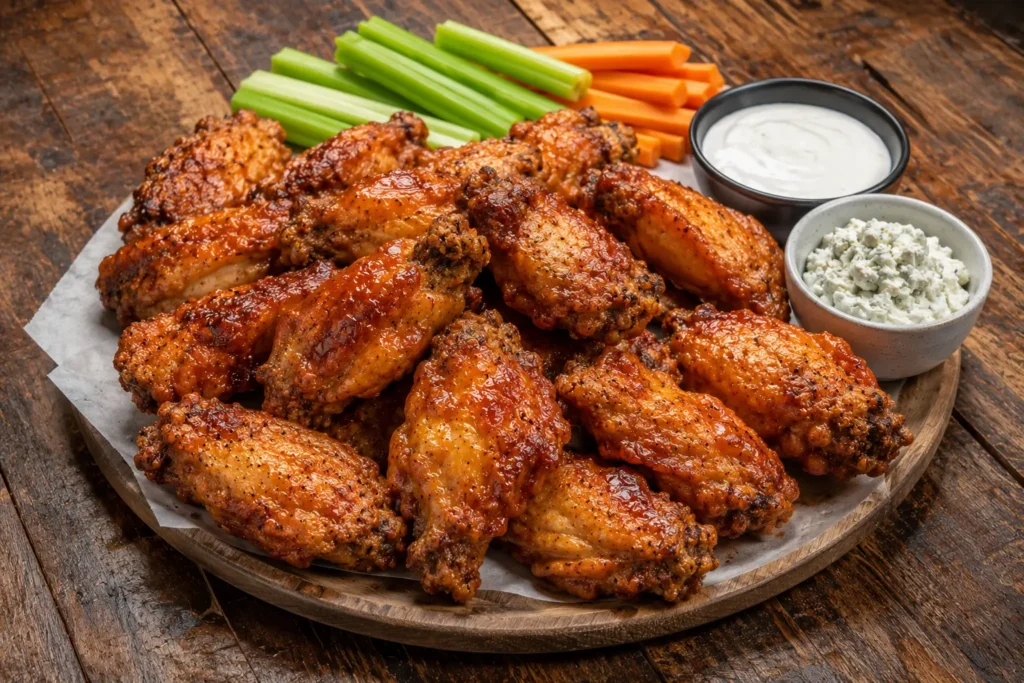 Double-baked chicken wings served with celery, carrots, ranch, and bleu cheese.