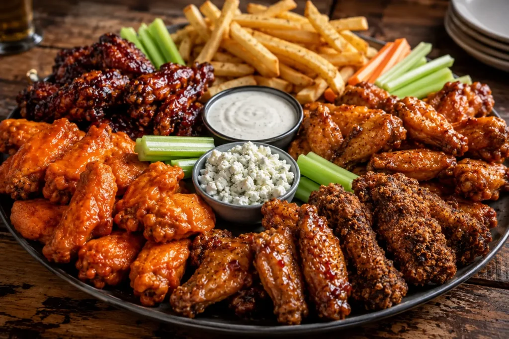 Large assorted platter of Mellow Mushroom-style chicken wings with dipping sauces and fries.