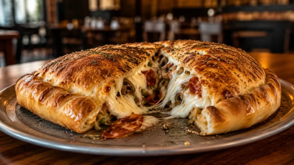 Mellow Mushroom-style calzone with golden crust and melted cheese