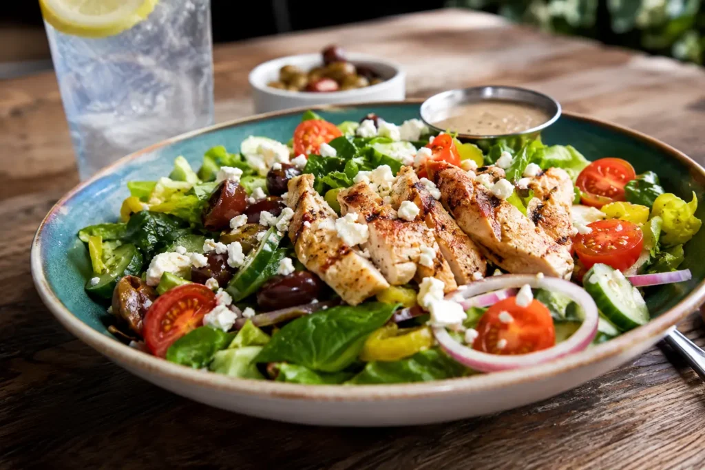 Customized salad with fresh vegetables, chicken, cheese, and toppings.