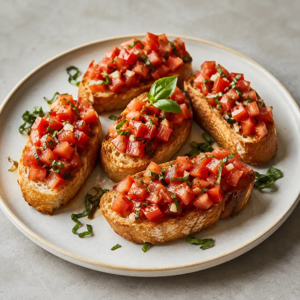 Bruschetta topped with diced tomatoes and fresh basil on toasted bread