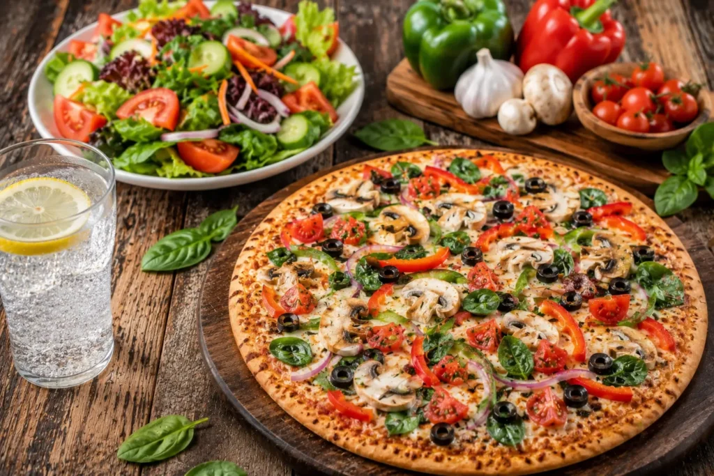 Certified gluten-free pizza served with a fresh salad and sparkling water.