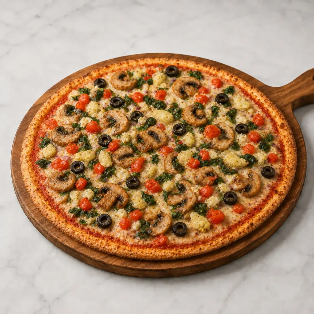 GF Kosmic Karma Pizza with fresh vegetables and cheese