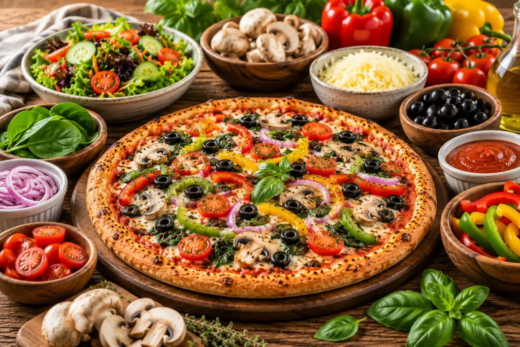 Mellow Mushroom allergen guide with vegetable pizza, salad, mushrooms, cheese, olives, and fresh vegetables