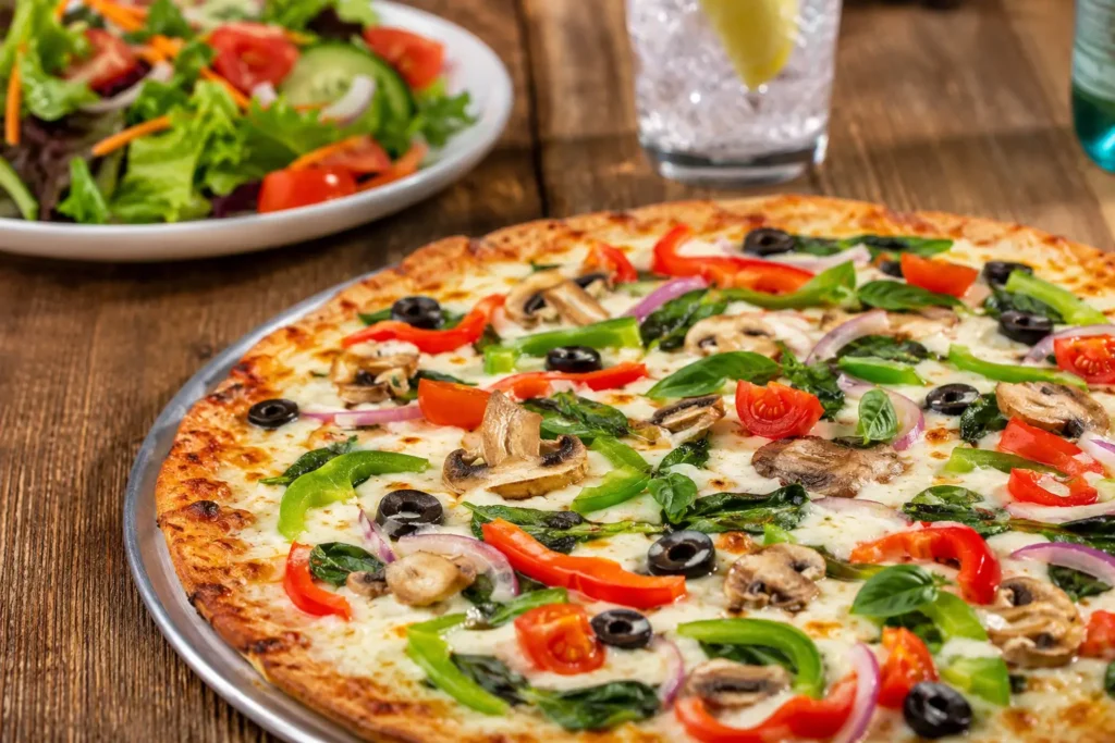 Certified gluten-free pizza topped with fresh vegetables at Mellow Mushroom.