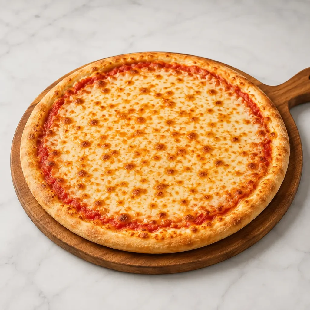 Mellow Mushroom cheese pizza with melted cheese on a stone-baked crust
