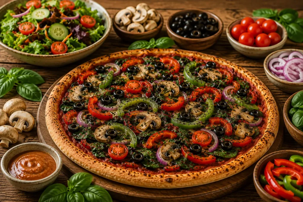 Dairy-free vegetable pizza with mushrooms, peppers, tomatoes, spinach, onions, and olives