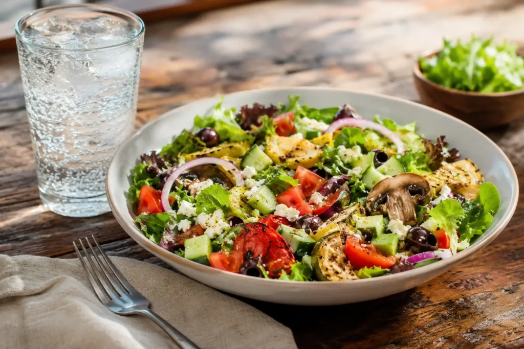 Fresh salad bowl with vegetables and toppings served at a restaurant.